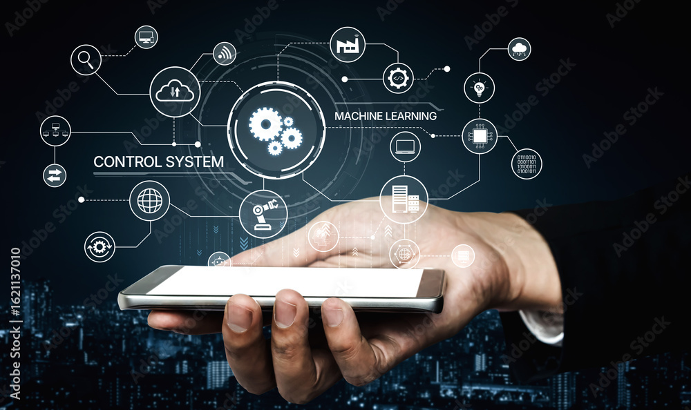 Poster modern automation drives workflow efficiency by connecting systems, people, and data. with intellige