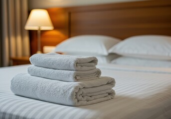 Neatly folded hotel towels on a made bed with lamp