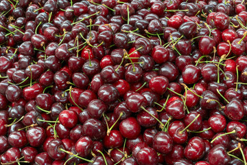 Fresh cherries piled high showcasing the bounty of summer harvest. Glossy red cherries arranged in abundance at a local market. Juicy cherries symbolizing the sweetness and richness of life.