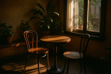 Fototapeta premium Cinematic coffee shop table with two empty chairs sunlight window indoor plants vintage serene cafe ambiance cozy corner