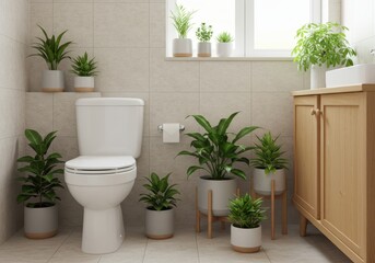 Modern bathroom oasis with abundant green houseplants