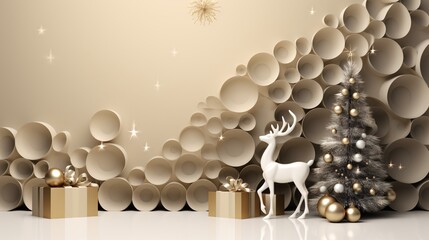 Christmas Scene with Deer, Tree, and Gifts on Beige Circle Background