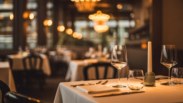 Warmly Lit Restaurant Interior Table Setting with Wine Glasses Candle and Cutlery image