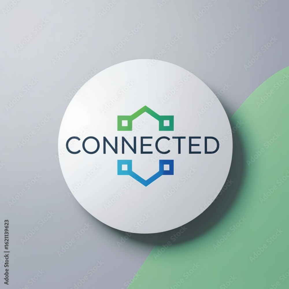 Poster connected text with green and blue square icon inside of white circle on gray and green surface view
