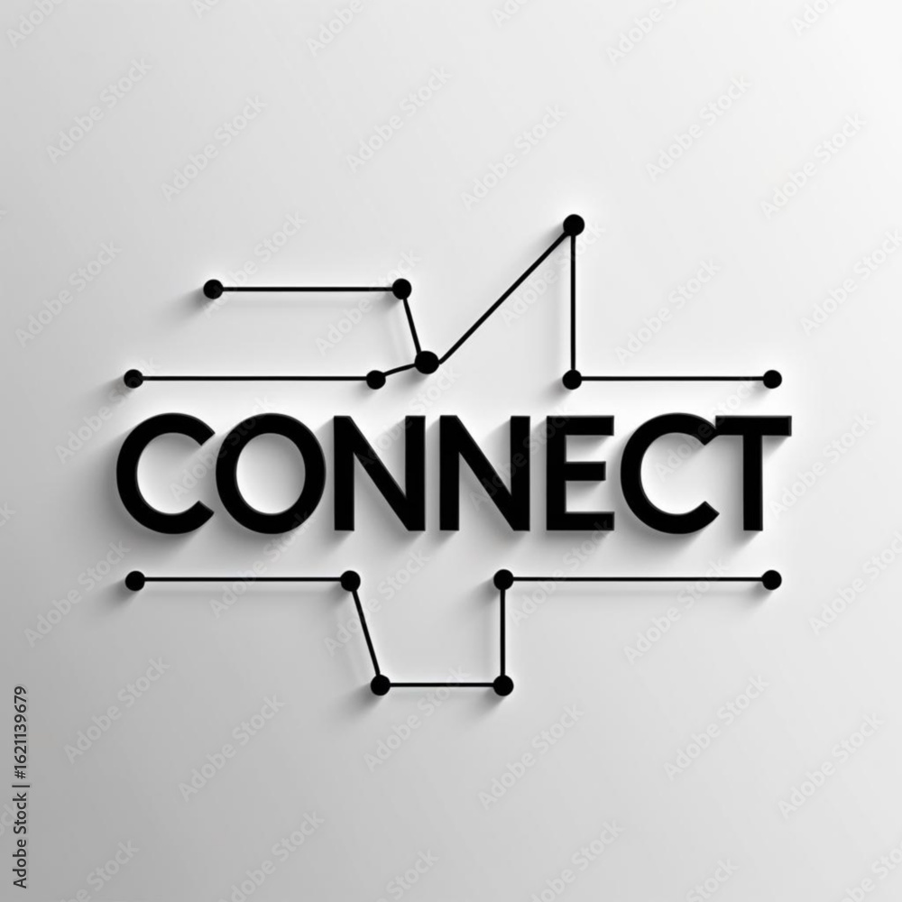 Poster word connect displayed with lines and dots forming network on a light surface with soft shadows arou