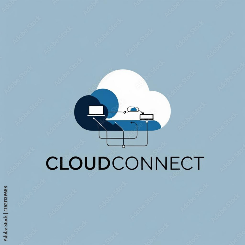 Poster illustration of a network connecting devices represented as icons within a stylized cloud shape embl