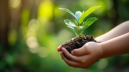Hand children holding young plant with sunlight on green background

