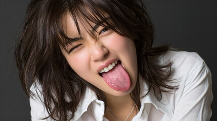 Playful Japanese Woman Making Twisted Mouth and Sticking Out Tongue, Kneeling Against Dark Background
