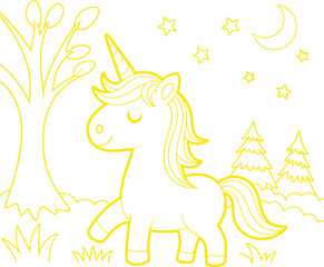 Naklejka premium Unicorn under moon and stars with trees and grass silhouette vector
