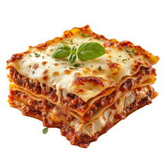 Meaty Layered Lasagna Square Isolated on White Background. Delicious Beef Lasagna Slice Cutout PNG.