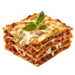 Meaty Layered Lasagna Square Isolated on White Background. Delicious Beef Lasagna Slice Cutout PNG.