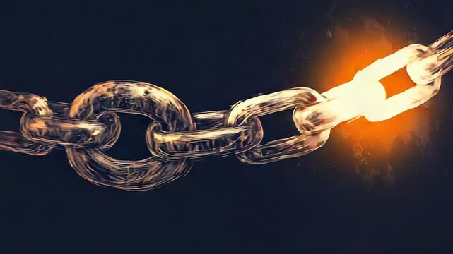 Metal chain is breaking with glowing orange link on a dark background