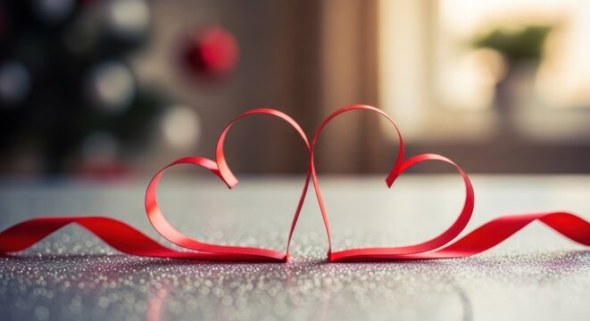 Two intertwined red hearts formed by ribbon, festive background