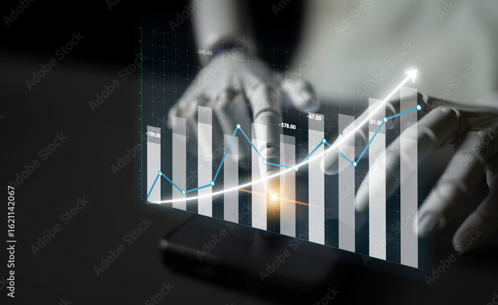 Poster engaging image of hands interacting with a digital graph on a smartphone, illustrating financial tre