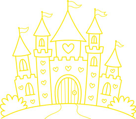 Yellow castle with flags and heart decorations silhouette vector