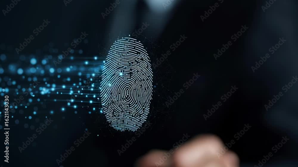 Poster a hand is pointing to a fingerprint on a screen. concept of security and identification, as fingerpr