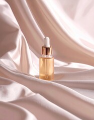Naklejka premium Golden Serum in Dropper Bottle Displayed on Beige Satin Fabric Folds