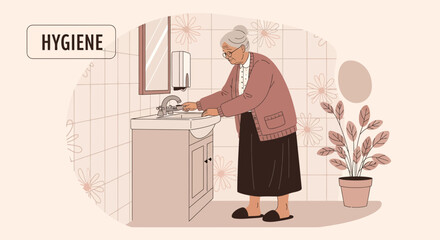 Elderly Woman Maintaining Personal Hygiene By Washing Her Hands At Home Sink