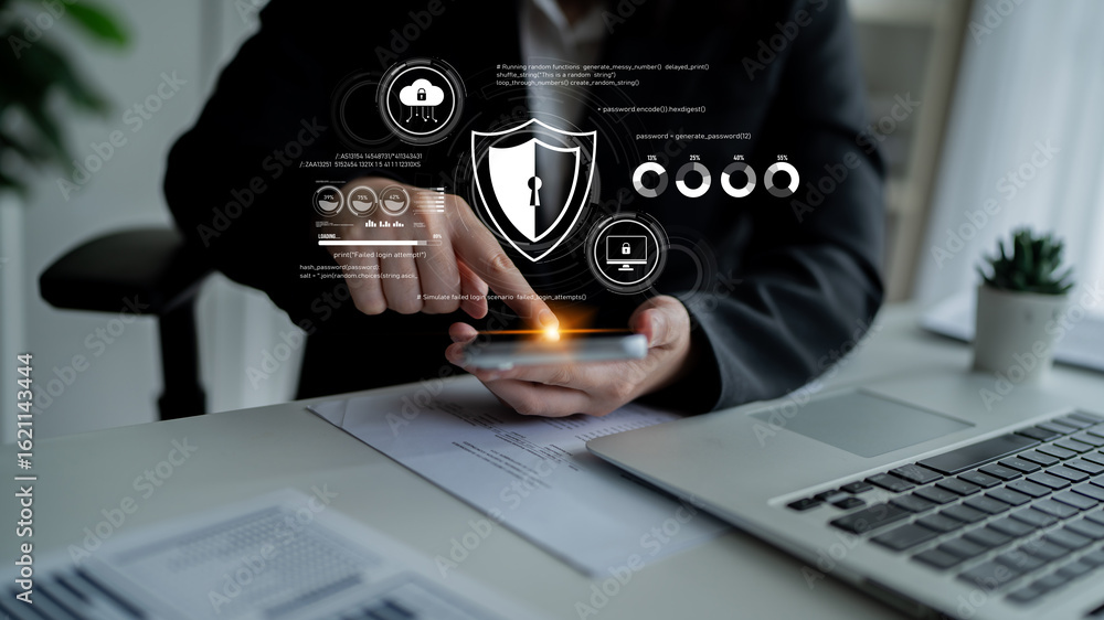 Poster cyber security protects against breaches, hacks, and network attacks using strong infrastructure and
