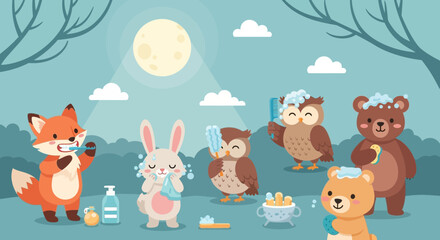 Cute Animals Enjoying Bath Time Under The Moonlight Vector Illustration