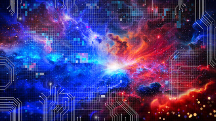 Fototapeta premium A fusion of cosmic colors and tech-inspired patterns, perfect for themes of innovation and futuristic aesthetics.