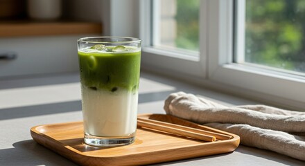 Refreshing matcha latte on a wooden tray against bright window