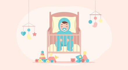 Cute Baby Sleeping Peacefully In Crib Surrounded By Mobile And Toys