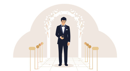 Elegant proposal scene with groom holding ring box at wedding ceremony location