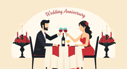 Obraz premium Elegant wedding anniversary illustration with couple toasting at dinner celebration