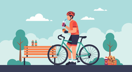 Fototapeta premium Cyclist Taking A Break Enjoying Refreshments In Nature Healthy Lifestyle