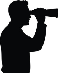 Silhouette of a man using binoculars to look into the distance, isolated on white background, representing vision, future, and the search for success
