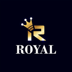Golden R Monogram with Royal Crown Premium Vector Logo Design
