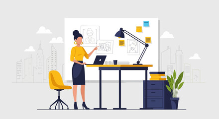 Elegant Woman Presents Creative Business Ideas On Presentation Board In Modern Office