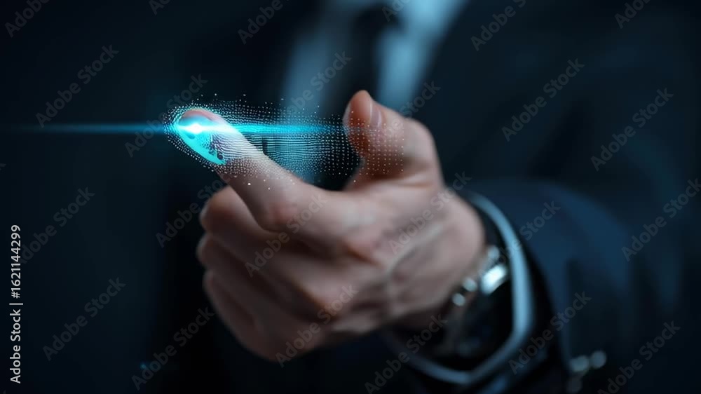 Poster a man in a suit is pointing at a screen with a blue light. concept of importance and urgency, as the