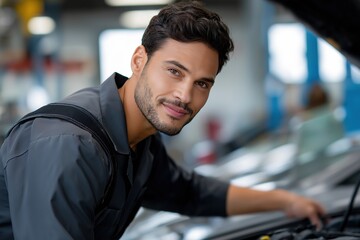 Obraz premium Young hispanic male mechanic inspecting vehicle engine in workshop