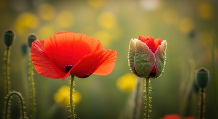 Obraz premium Vibrant red poppy and bud in a field