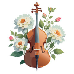 A vintage illustration of a cello growing five flowers