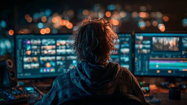 High-Tech Video Editing Setup with Dual Monitors and Dramatic Lighting