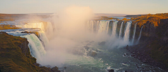 Soft focus view of waterfall blurred in distance through fog with golden backlight