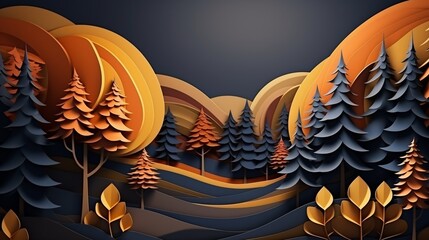 Paper cut forest with trees, hills, and sky in layered 