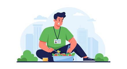 Employee Enjoying Healthy Lunch Outdoors Amidst Cityscape Setting Illustration