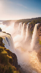Soft focus view of waterfall blurred in distance through fog with golden backlight