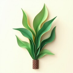 Lush green foliage of a tropical plant in a pot with a decorative closeup of a leaf and floral arrangement