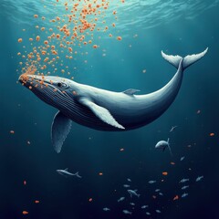 An underwater diver observes a shark and a dolphin swimming with a school of fish in the deep blue sea