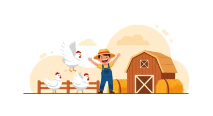 Fotobehang Delightful rural scene with a happy farmer and chickens near barn illustration © Siti