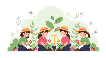 Obraz premium Delightful Young Girls Planting Flowers And Tree Together In A Lush Garden