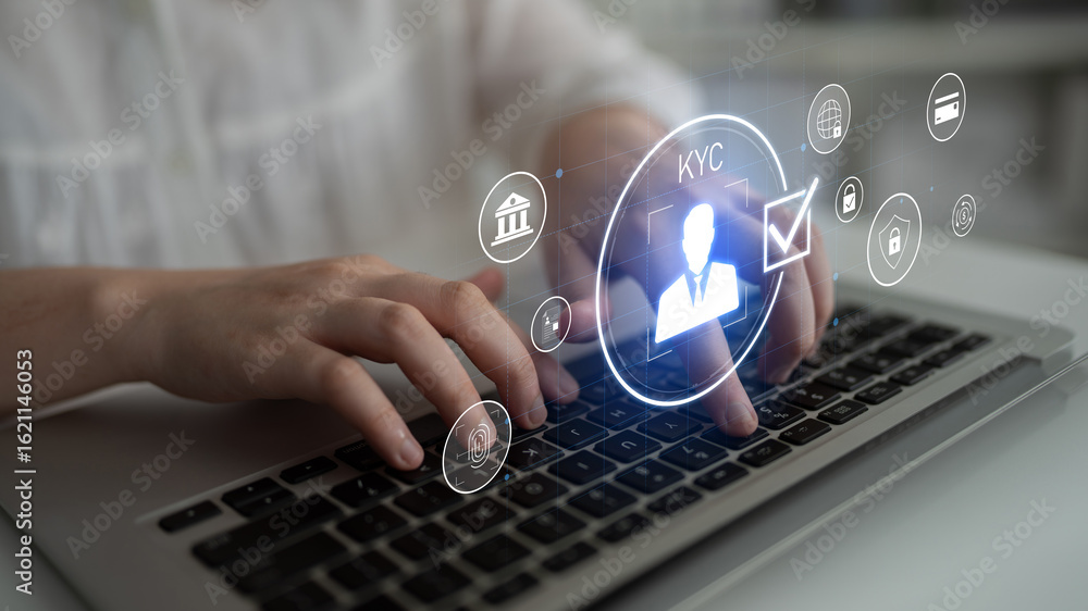 Poster digital kyc verification with biometric scan, id authentication, and financial security icons repres