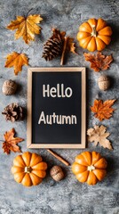 Vertical autumn flatlay blackboard hello autumn pumpkins decor