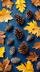 Vertical arrangement autumn leaves pinecones rustic blue design