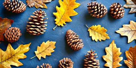 Autumn leaves and pinecones on blue rustic background